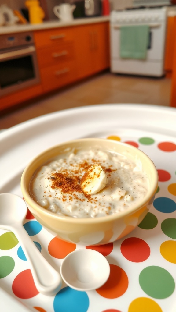 A bowl of baby oatmeal with banana and cinnamon on a high chair tray.